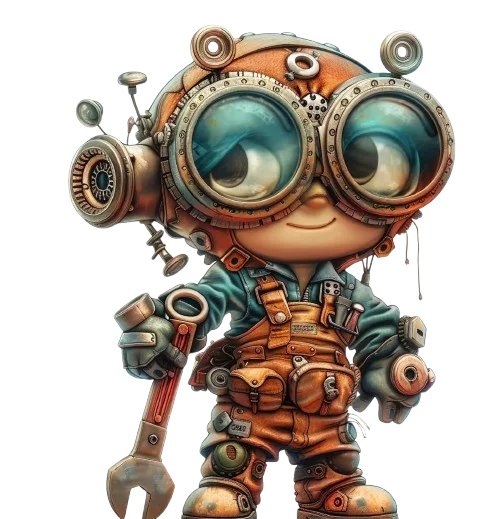 Steampunk boy character render with oversized goggles holding a wrench