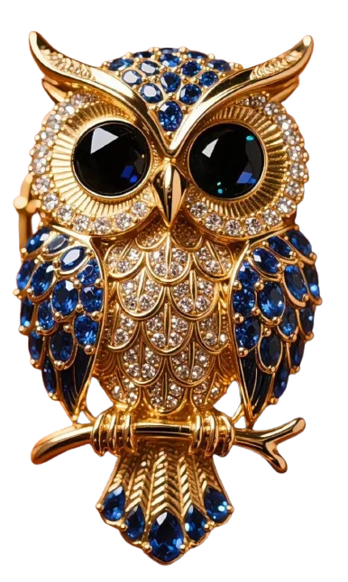 Gold owl ornament decorated with blue and white gems
