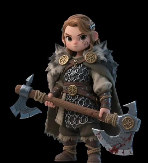 Stylized viking warrior character render with fur cloak and two axes