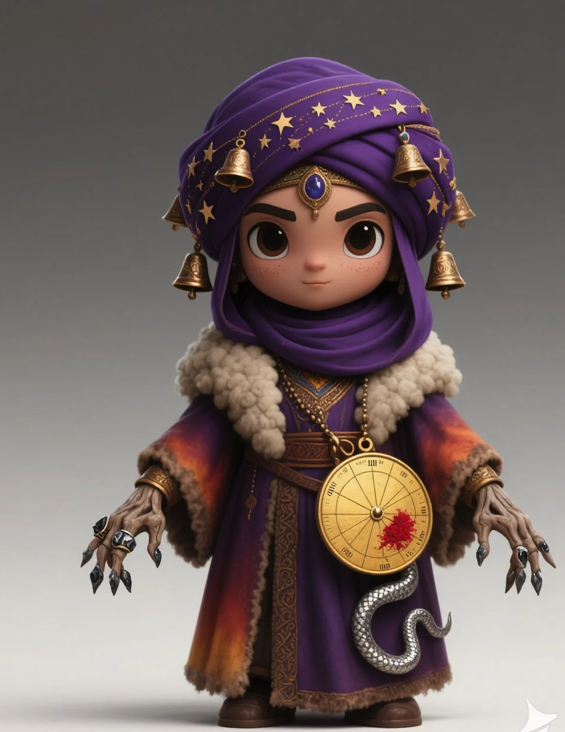 Chibi fortune-teller character render with purple turban and golden astrolabe